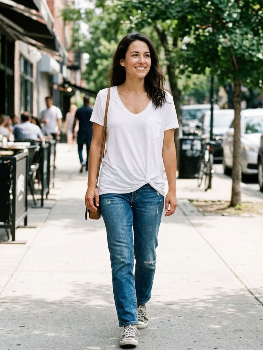 SO White V-Neck Pocket Tee Twist Front Hem Rayon Spandex Short Sleeve S